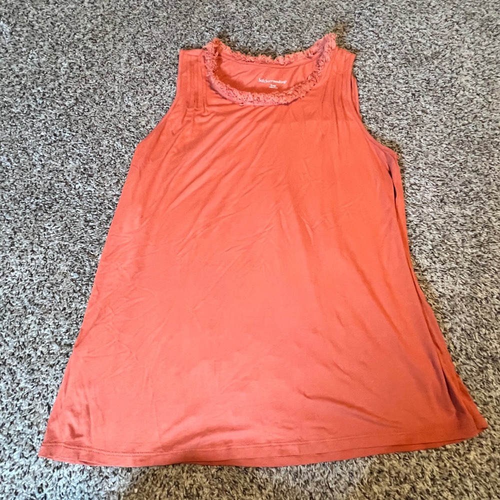 Soft‎ Surroundings Coral Orange Frayed Ruffle Neck Tank Top XL Sleeveless 2FJ08